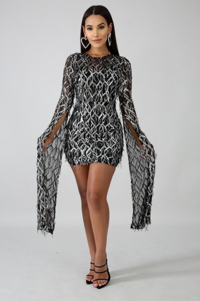 Sequin Fringe Cape Dress